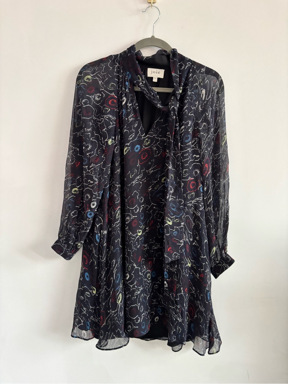 100% Silk Joie Black Long-Sleeve Tie-Neck Floral Print Dress-Lightweight- Size M